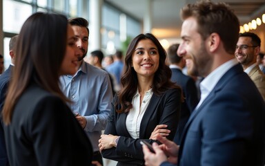 Diverse group of people in business attire networking at an event. Engaged in conversation, sharing ideas, and building connections in a professional setting. Diverse people talking together.