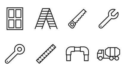 Construction, Plumbing, and Home Repair Line Icons Set: Building Tools and Equipment Collection Featuring Window, Ladder, Saw, Wrench, Pipes, Ruler, and Cement Truck