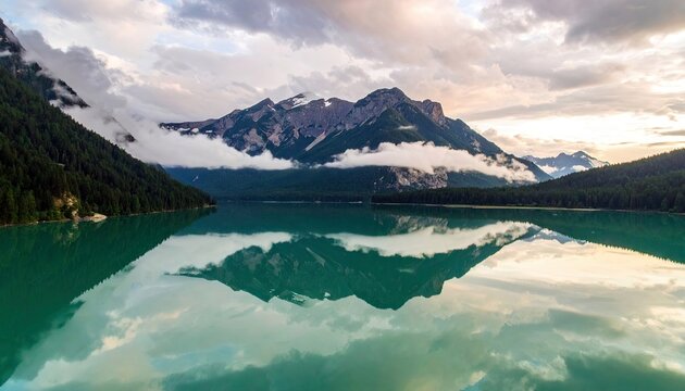 A scenic view of a mountain range reflected in a calm lake, with clouds and a beautiful sunset. - Powered by Adobe