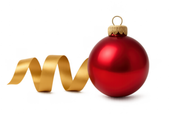 Red christmas ornament with golden ribbon on transparent background