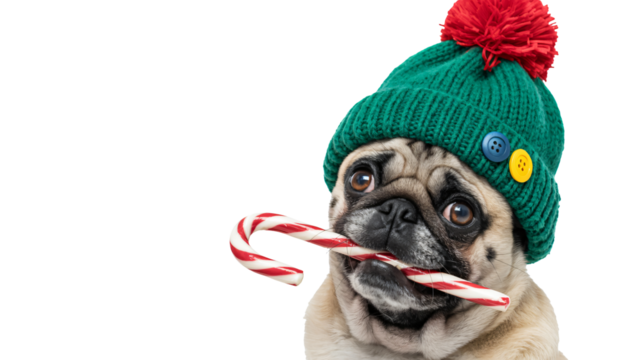 Adorable pug puppy wearing festive green winter hat and holding a red and white striped candy cane in its mouth ready for Christmas holiday fun