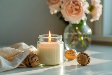 Cozy candlelight with roses and walnuts on a table