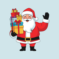 Cartoon Illustration of Santa Claus Holding Stack of Gifts Waving Hand