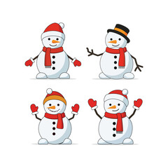 Cute Outline Christmas Snowman Character Design Set Various Poses and Hat