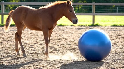 Young Horse Nuzzling and Playing With Blue Exercise Ball in an Outdoor Arena