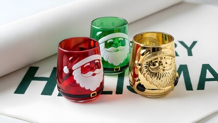 Fototapeta premium Festive Holiday Collection Adorable Santa Claus Themed Glassware for Seasonal Celebrations and Decor