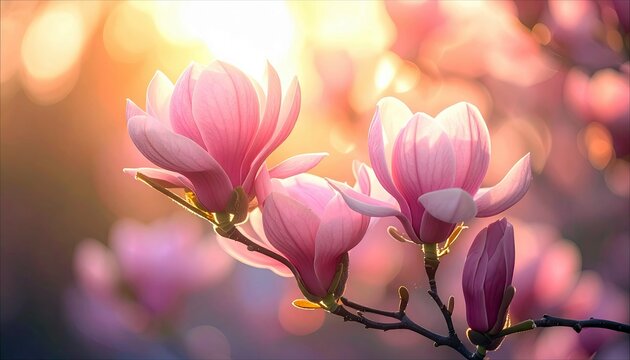Close-up of pink magnolia flowers in bloom, with a soft, blurred background and warm sunlight.