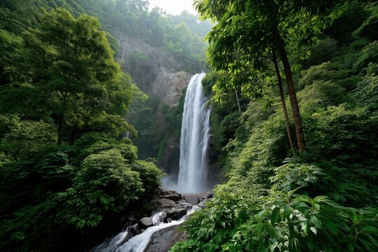 Majestic waterfall cascading amidst lush green forest in serene nature setting