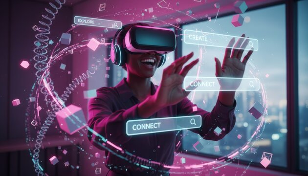 Young woman smiling, wearing a vr headset and interacting with abstract holographic elements and search bars for explore, create, and connect in a futuristic office environment