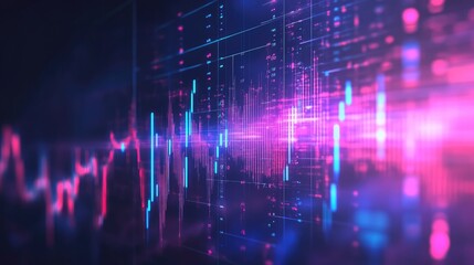 Abstract data visualization with vibrant pink and blue lines representing digital information flow and technology analysis in a modern futuristic style