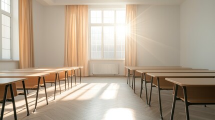 A bright, empty classroom with wooden desks, large windows, and sunlight streaming through sheer curtains, creating a serene learning environment.