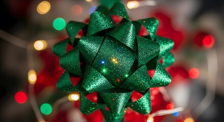 A festive green glitter bow shimmers, surrounded by bokeh lights, capturing a joyful holiday spirit.
