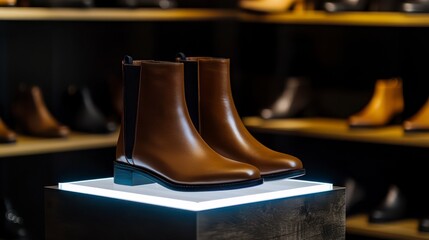 A pair of stylish brown boots displayed on a illuminated pedestal in a modern retail setting, emphasizing their sleek design and premium quality.