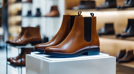 Stylish brown Chelsea boots displayed on a pedestal in a modern retail setting, surrounded by other footwear.