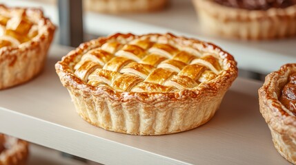 A beautifully baked, golden-brown pie with a lattice crust sits on a shelf, surrounded by other delicious pastries.