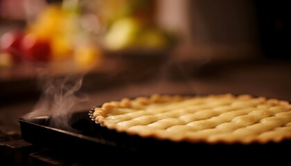 warm glowing background with steaming freshly baked pie on tray for use in bakery promotions