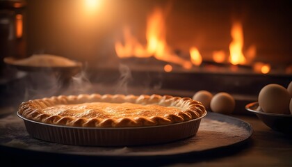 soft blurred heat lights with hot homemade pie releasing steam for use in food advertising