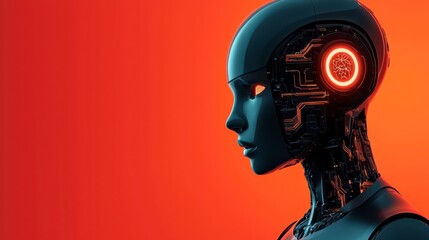 A sleek robotic head with intricate circuitry and a glowing red element against a vibrant orange background.