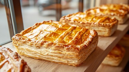 A golden-brown pastry square, flaky and delicious, displayed on a wooden shelf beside a window.