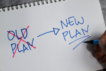 Concept of showing transition from old plan to new plan write on book isolated on Wooden Table.