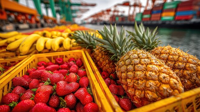Tropical Fruits Display at Busy Cargo Port Market - Powered by Adobe