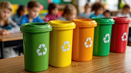 Eco-Friendly Mini Recycling Bins on Classroom Table for Waste Sorting Education