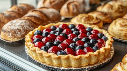 A vibrant fruit tart topped with red and blue berries, surrounded by assorted baked goods in a display case.