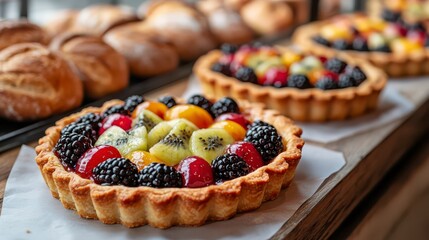 A colorful fruit tart with a golden crust, garnished with berries and kiwi, displayed alongside fresh pastries in a bakery.