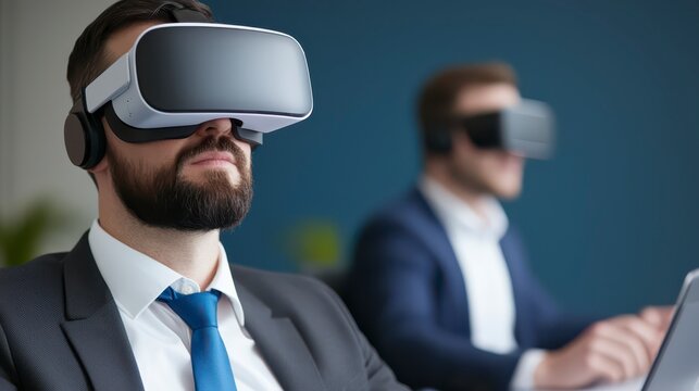 Two men in business attire wearing VR headsets, focused on virtual reality experiences, showcasing modern technology in a professional environment.
