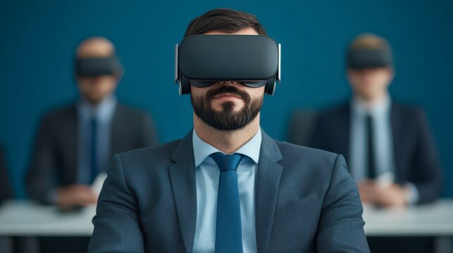 A man in a suit wearing a VR headset, seated in a modern office environment, with others in the background also using VR technology.