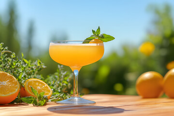 Fototapeta premium Refreshing Orange Cocktail in Coupe Glass with Mint Garnish Outdoors