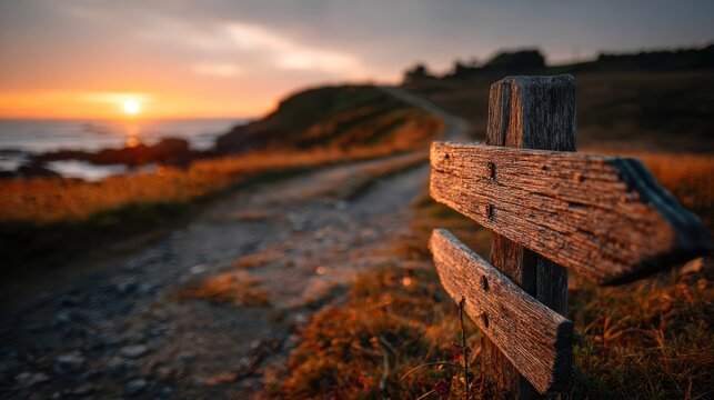 Sunset Path with Rustic Wooden Signpost - Powered by Adobe