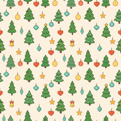 Seamless pattern with Christmas trees and Christmas tree toys