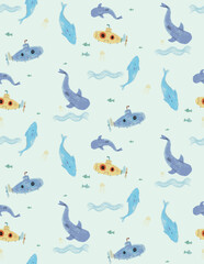 Naklejka premium Whale seamless pattern with cute submarines and fish