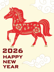 Fototapeta premium Chinese Lunar New Year 2026 greeting card with red horse illustration in traditional Chinese style, festive oriental design with gold accents, lucky symbols and decorative elements for holiday