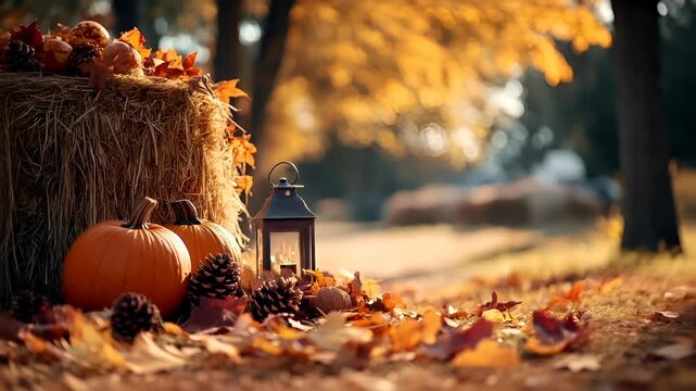 autumnal scene with pumpkins, lanterns, and fallen leavespumpkins and autumn leaves on the ground, with a blurred background of trees and foliage.