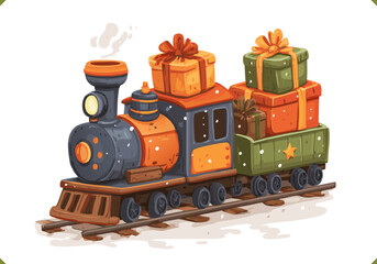 Fototapeta premium Vector illustration of a festive toy train carrying colorful gift boxes, isolated on a white background