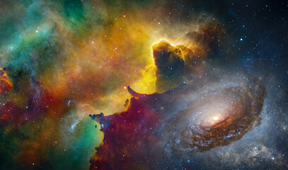 A view from space to a galaxy and stars. Universe filled with stars, nebula and galaxy,. Panoramic shot,. Elements of this image furnished by NASA.