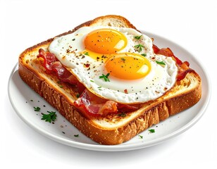 Breakfast toast topped with bacon and two fried eggs