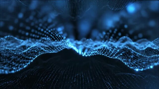 Mesmerizing seamless loop of blue glowing particles oscillating within a dark, intricate quantum wave field visualization flow, digital, motion graphics