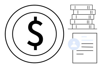 Dollar sign in a circle, stacked coins, user profile on document. Ideal for finance, banking, accounting, salary management, wealth data analysis business. Simple flat metaphor
