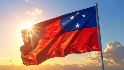Celebrate Samoa's vibrant national flag waving proudly against a radiant sunset sky, symbolizing freedom, unity, and the spirit of the Pacific island nation