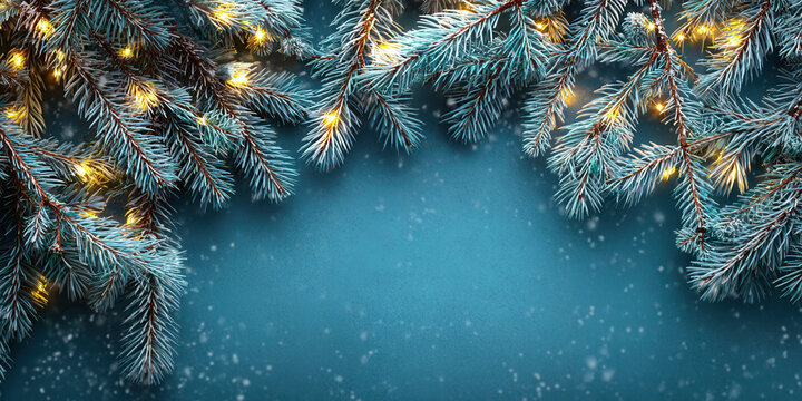Frosted evergreen branches with warm glowing fairy lights framing a snowy blue background, creating a peaceful festive winter atmosphere perfect for Christmas designs and seasonal holiday imagery. - Powered by Adobe