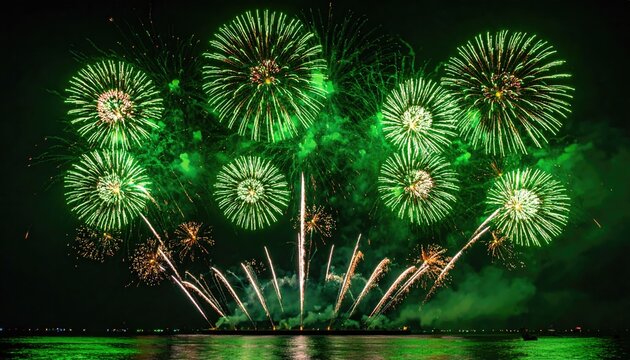 Spectacular Green Fireworks Display Illuminating the Night Sky Over Water. - Powered by Adobe