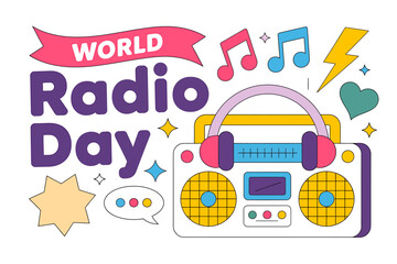 Fototapeta premium Colorful world radio day illustration with boombox and music notes