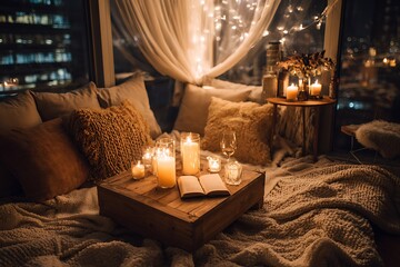 A cozy evening scene with warm candlelight, soft blankets, and an open book, creating a relaxing and inviting atmosphere.