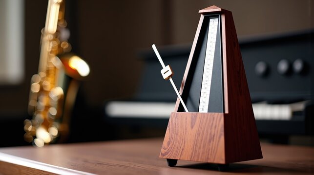 Wooden Metronome with Saxophone and Keyboard