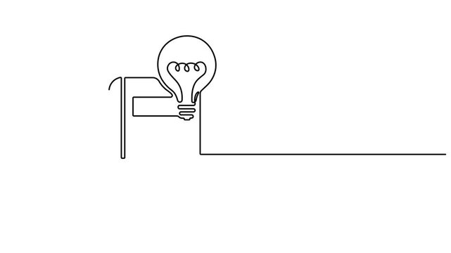 Light bulb above book continuous one line art drawing animated video. School education concept motion graphic. Line drawing open book with lamp idea symbol animation. 4k video
