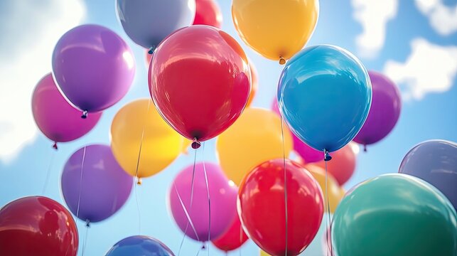 Colorful balloons floating against a bright blue sky adds a festive atmosphere to celebrations and events with vibrant colors and joyful ambiance