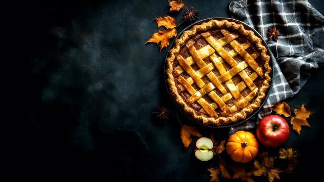 A topdown view of a rustic setting with a pie, autumn leaves, and fruits. The pie has a lattice crust and is placed on a plate. The background is dark.